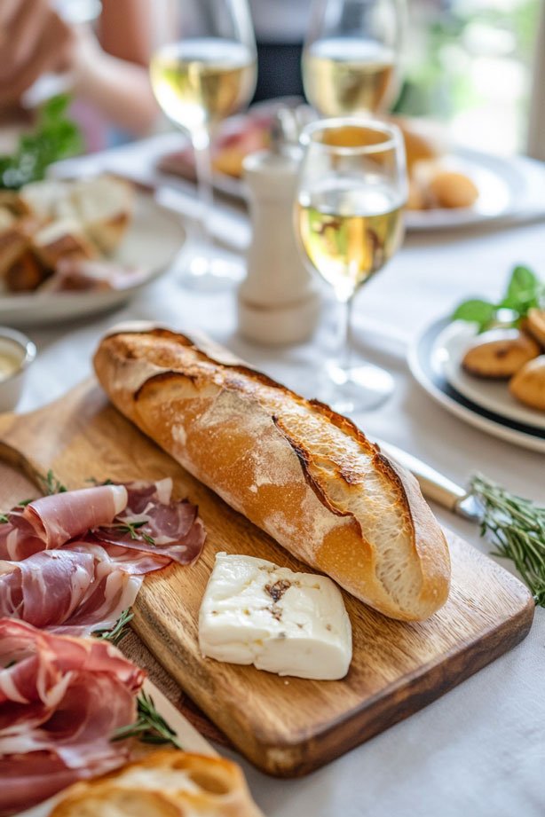 Crispy baguette with brie and Jamón