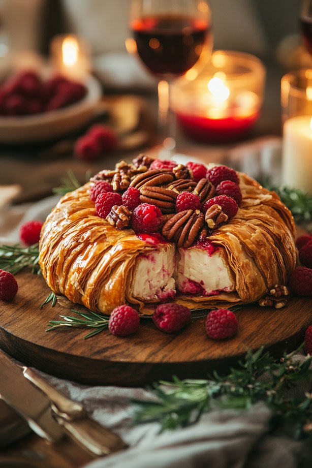 Baked brie in puff pastry with raspberries.