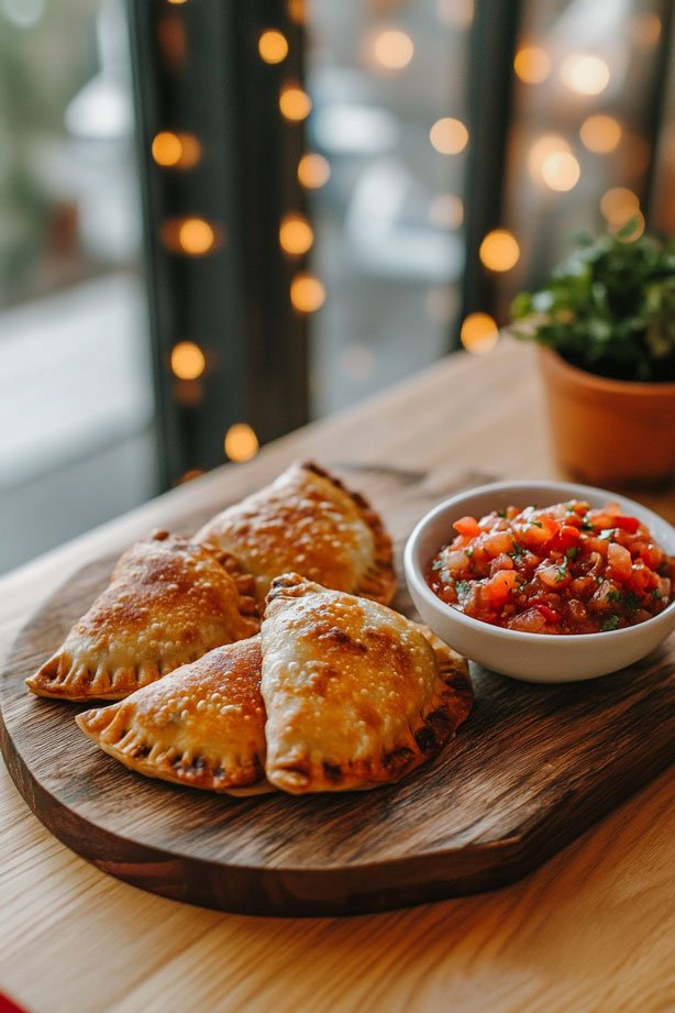 Beef empanadas with salsa dip.