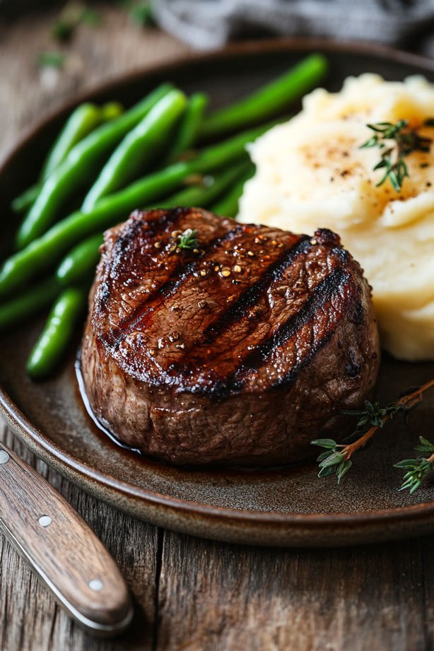 Medium-rare filet mignon with mashed potatoes and green beans