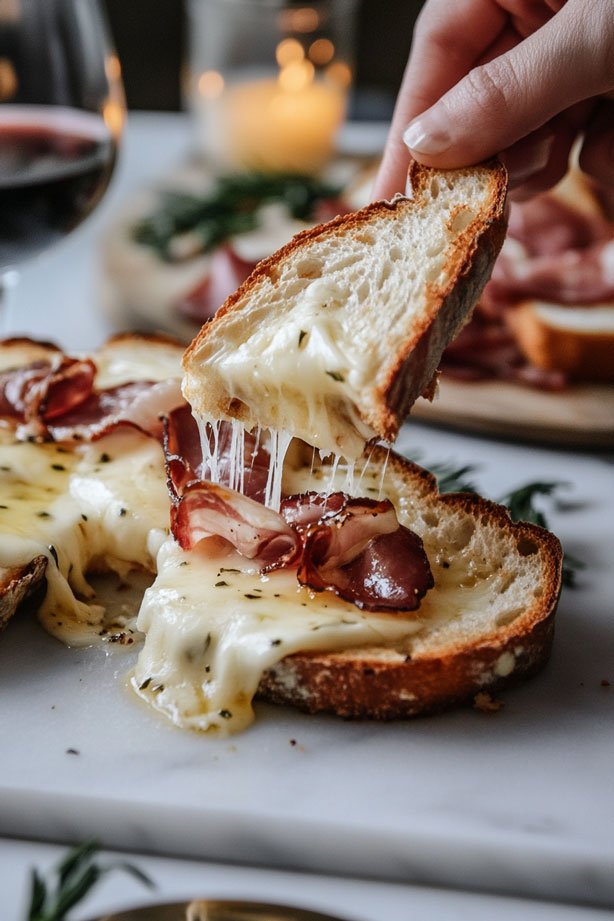 Brie and Jamón sandwich being cut