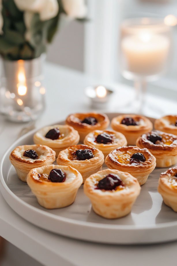 Puff pastry cups with brie and preserves.