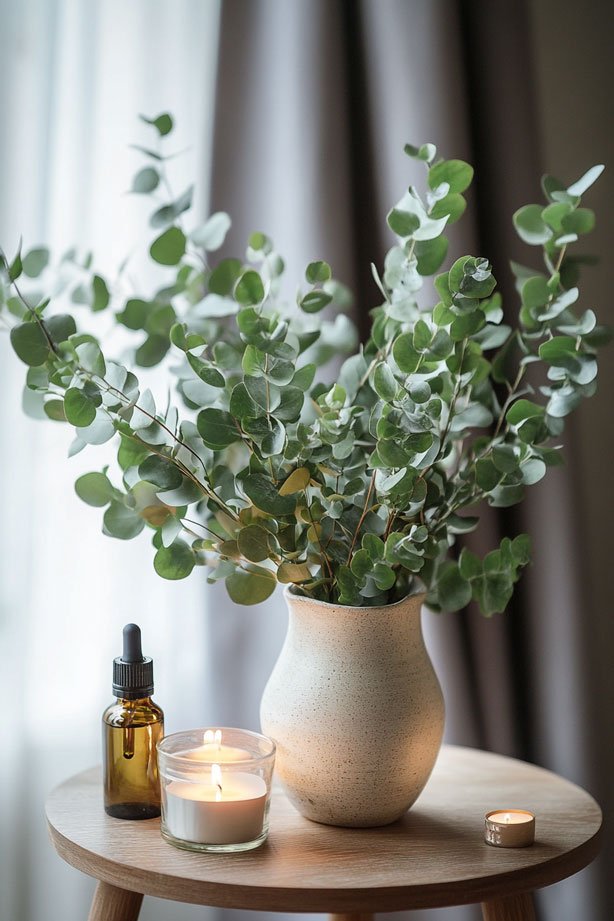 Eucalyptus bunches in ceramic vase with candles.