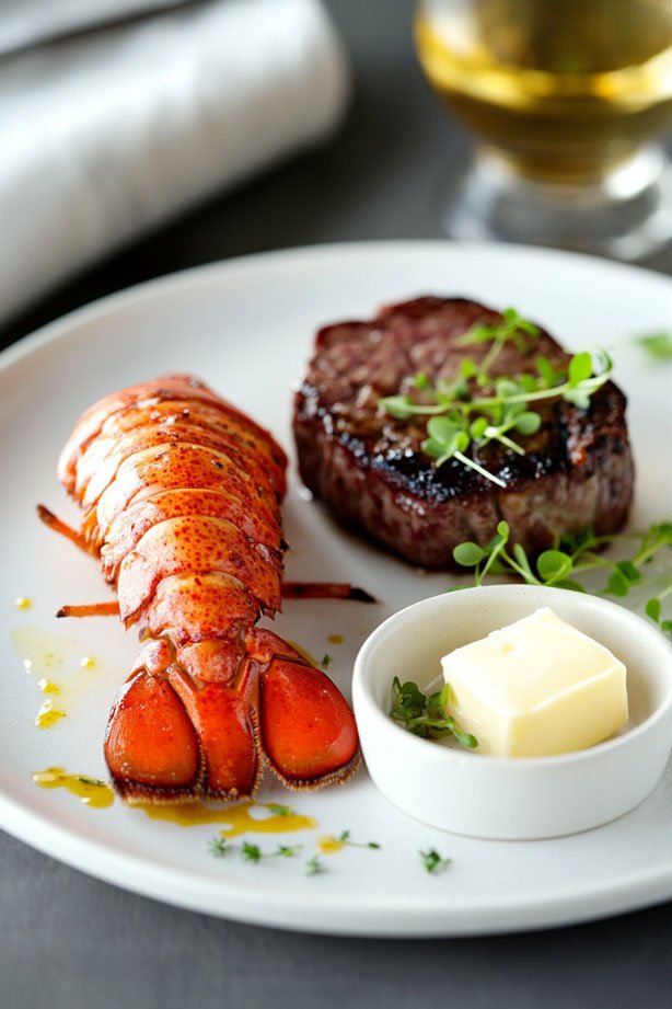 Seared lobster tail and filet mignon with microgreens