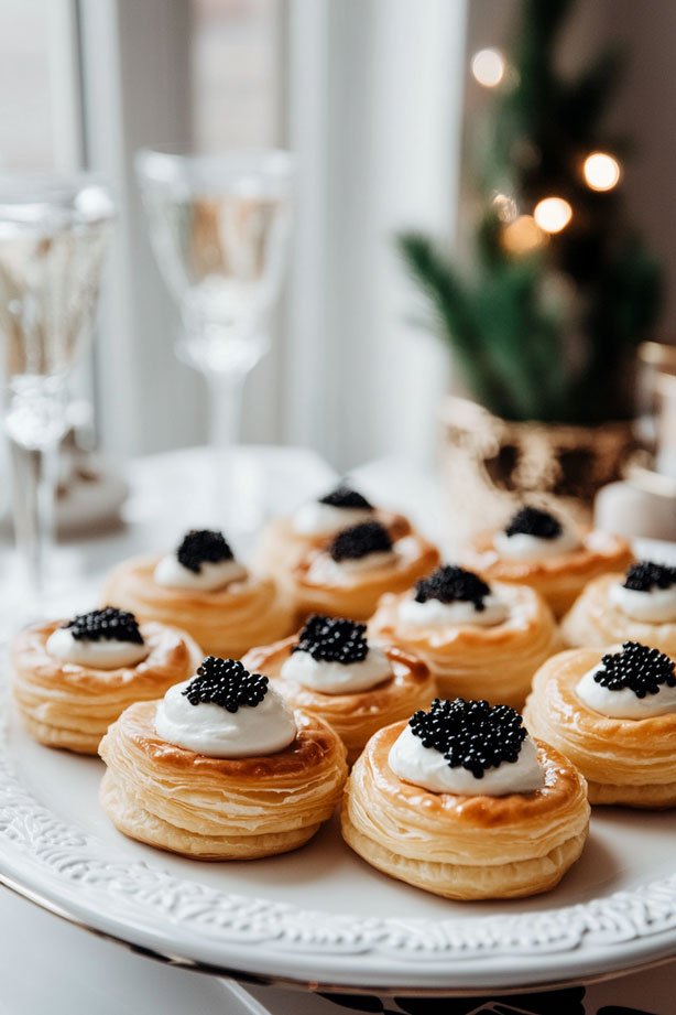 Vol au vents with crème fraîche and caviar.