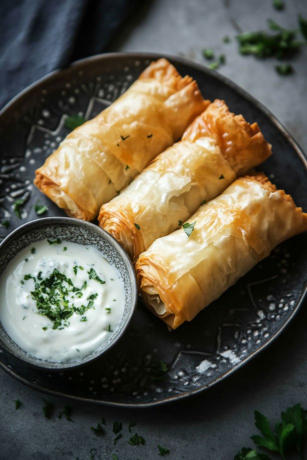 Crispy phyllo rolls with herb yogurt dip.