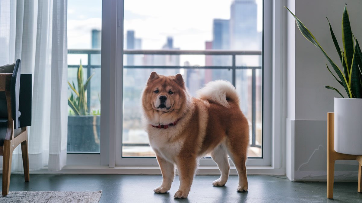 Chow Chow looking out over city from balcony door