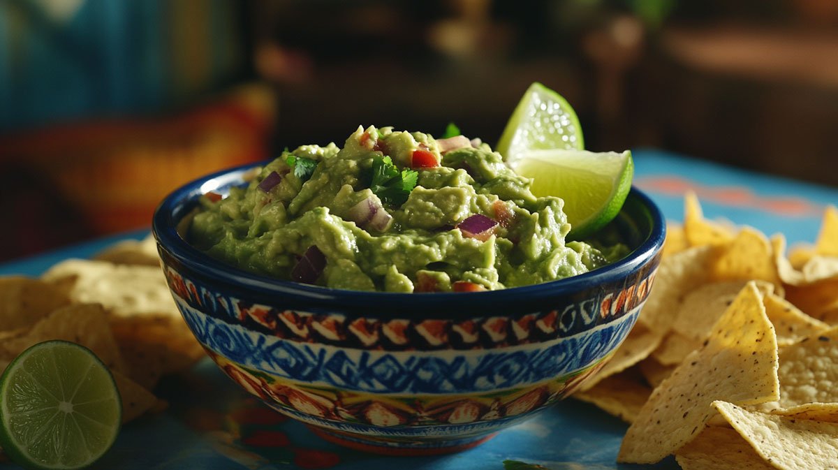 Classic Guacamole Dip with lime and chips.