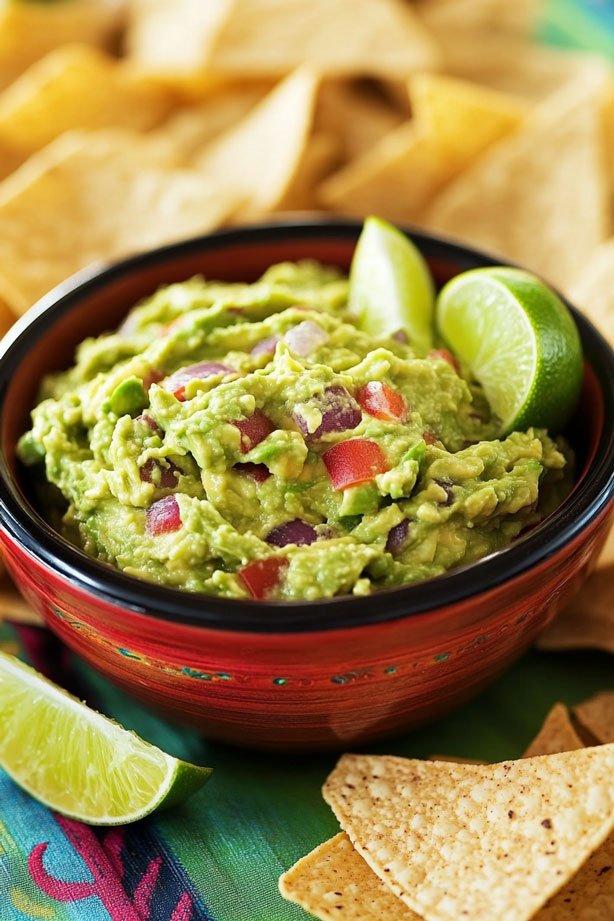 Fresh guacamole with lime and chips.