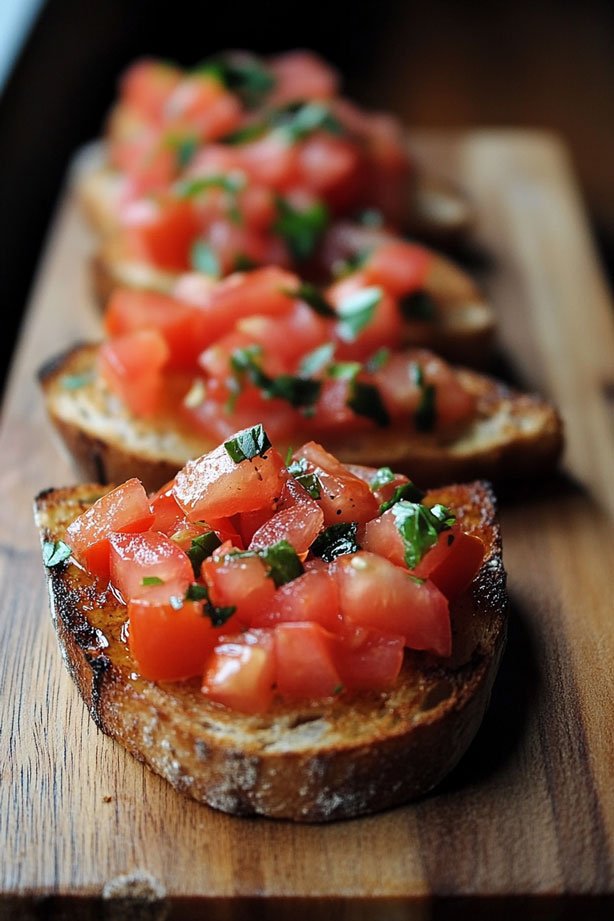 Tomato bruschetta on rustic board.