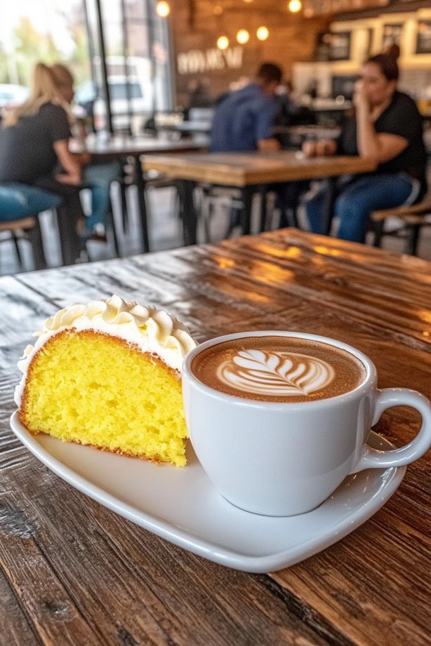 Steaming coffee with lemon pound cake at Coffee Guy Cafe.