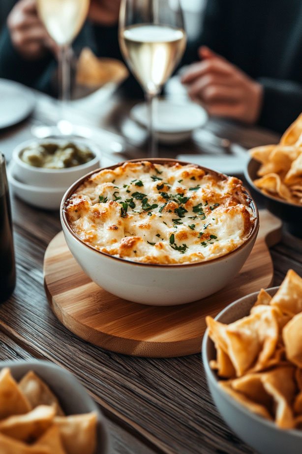 Warm crab rangoon dip with wonton chips.