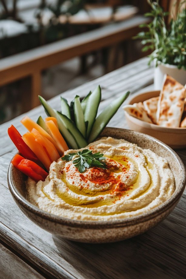 Hummus with pita slices and veggies.