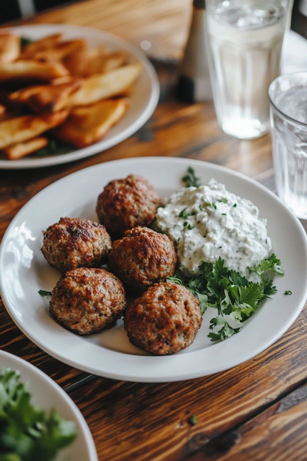 Greek keftedes with tzatziki sauce.