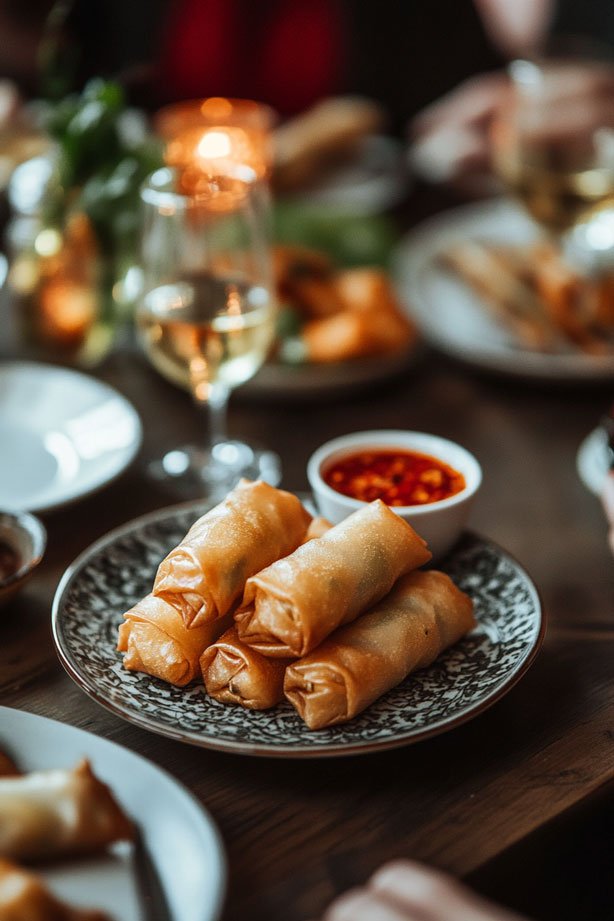 Golden spring rolls with sweet chili sauce.