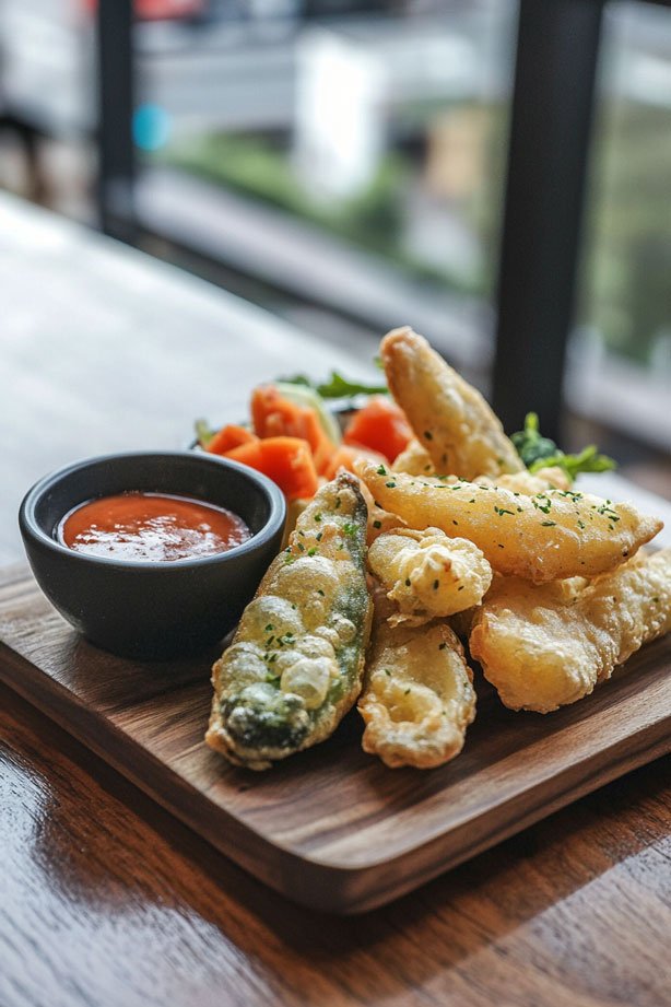 Golden vegetable tempura with dipping sauce.