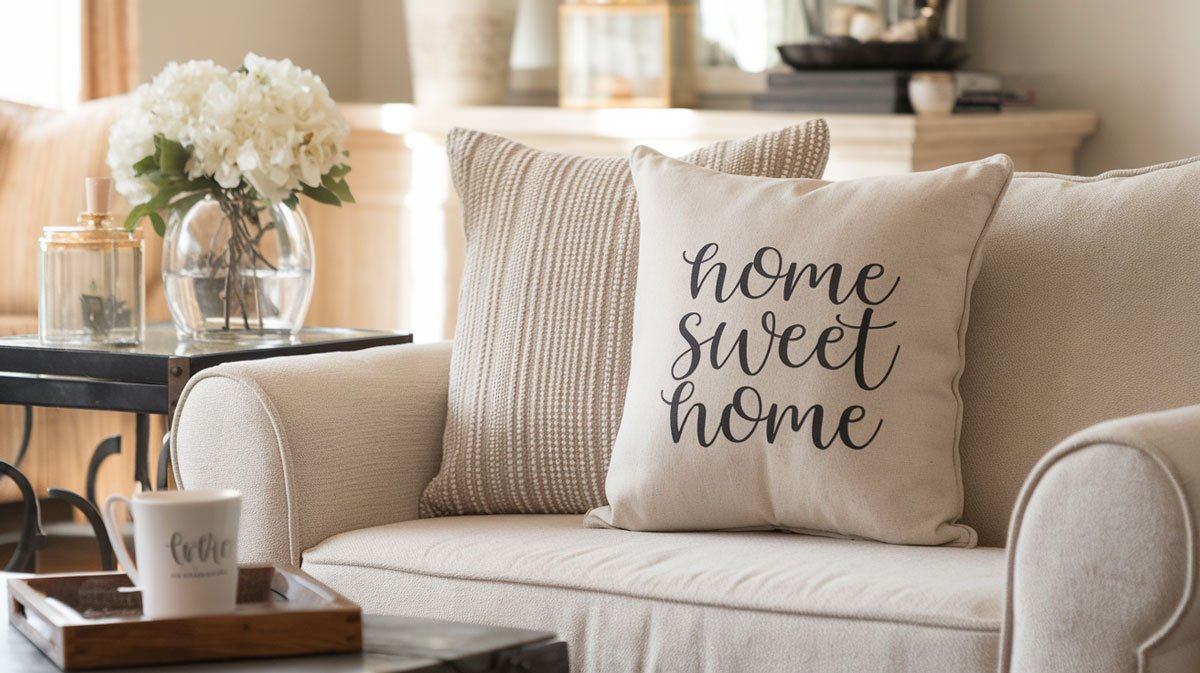 Personalized throw pillow and mug on table