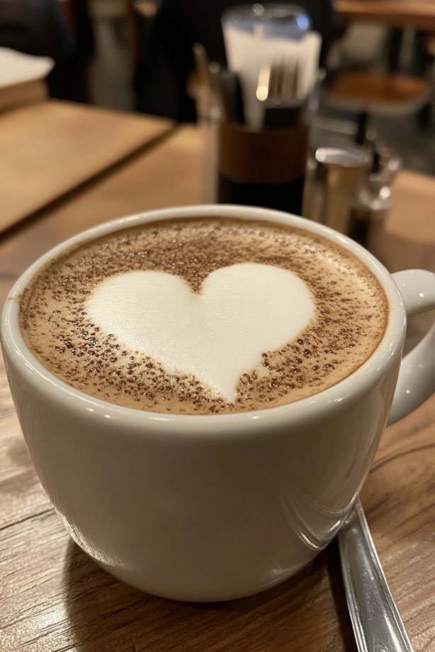 Cappuccino with heart-shaped foam at Echo Coffee Co.