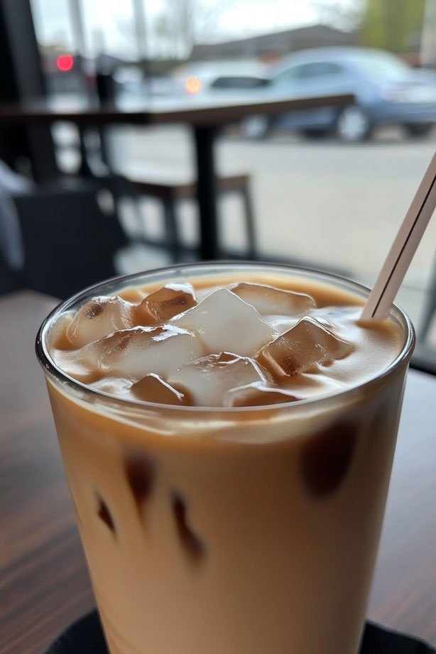 Iced coffee in a modern cafe setting.