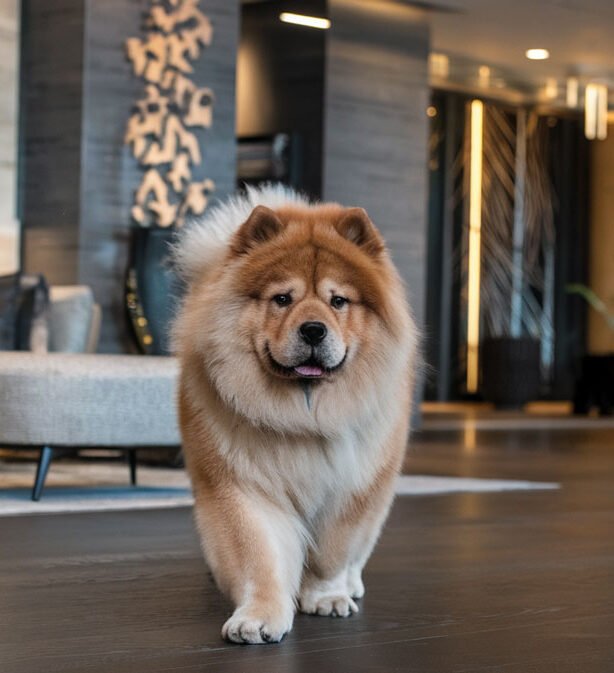 Chow Chow walking in stylish apartment lobby