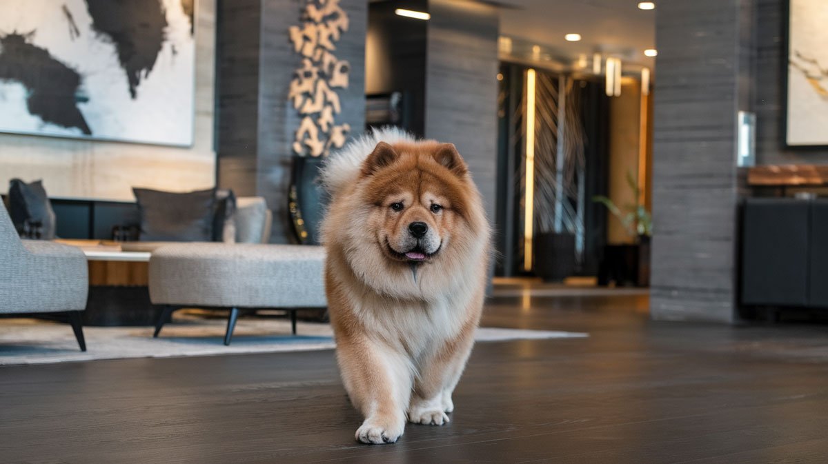 Chow Chow walking in stylish apartment lobby