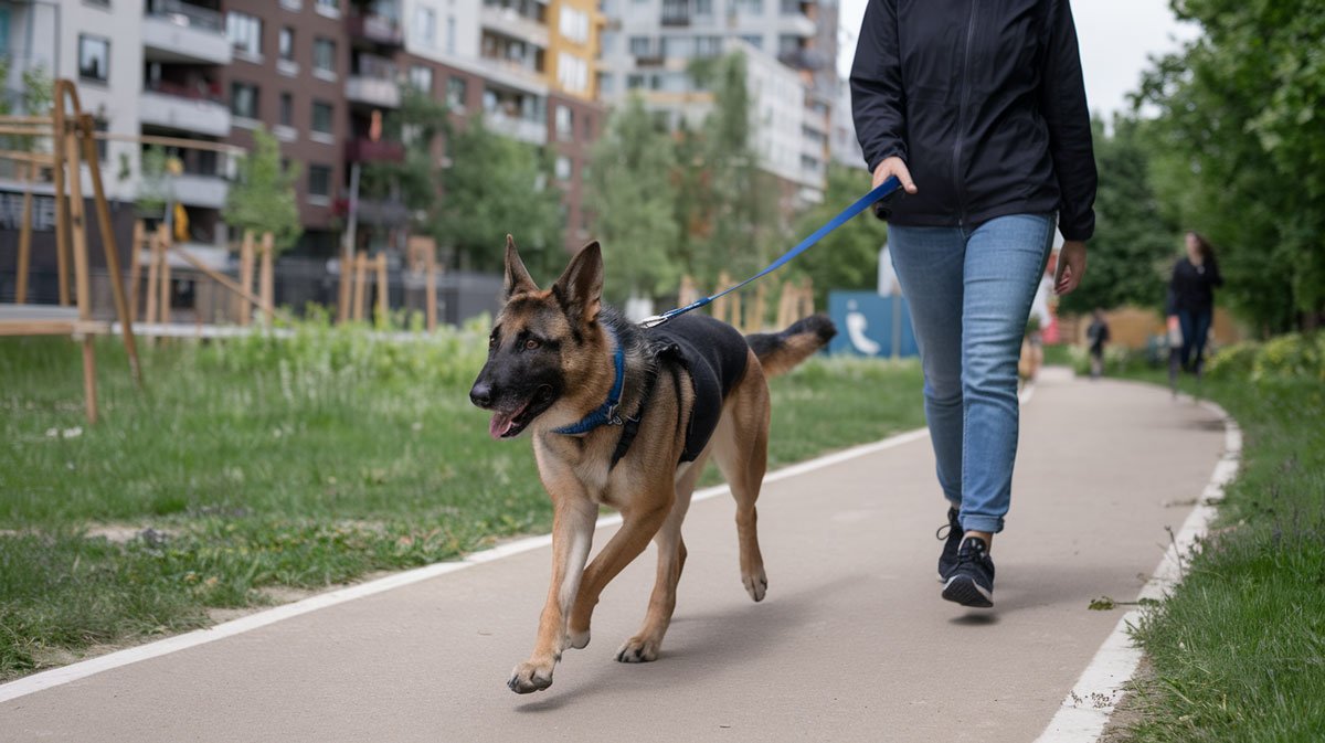 German Shepherd on leash in urban park