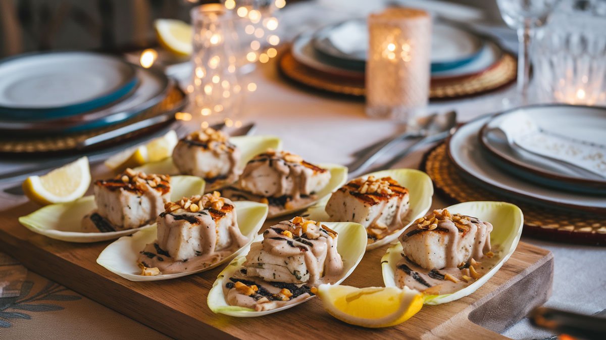 "Grilled Fish Tajin Bites on Endive Leaves"