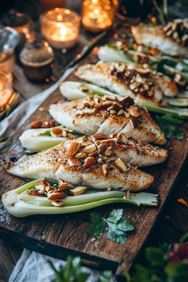 Grilled fish with almonds on endive.