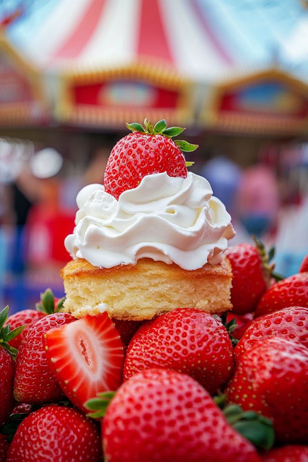 Strawberry shortcake with whipped cream at Florida Strawberry Festival near Olive Court Apartments