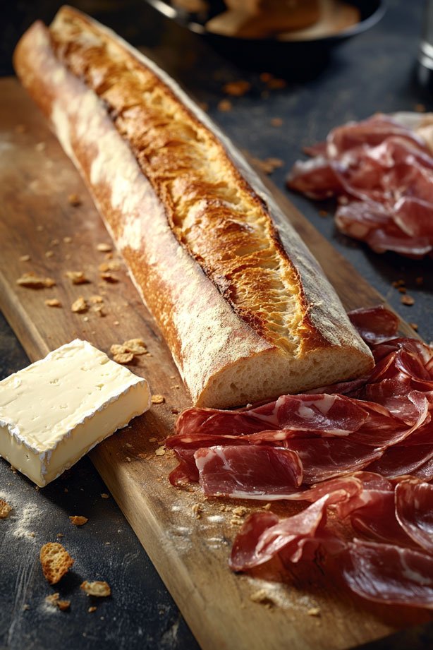 French baguette being sliced on board