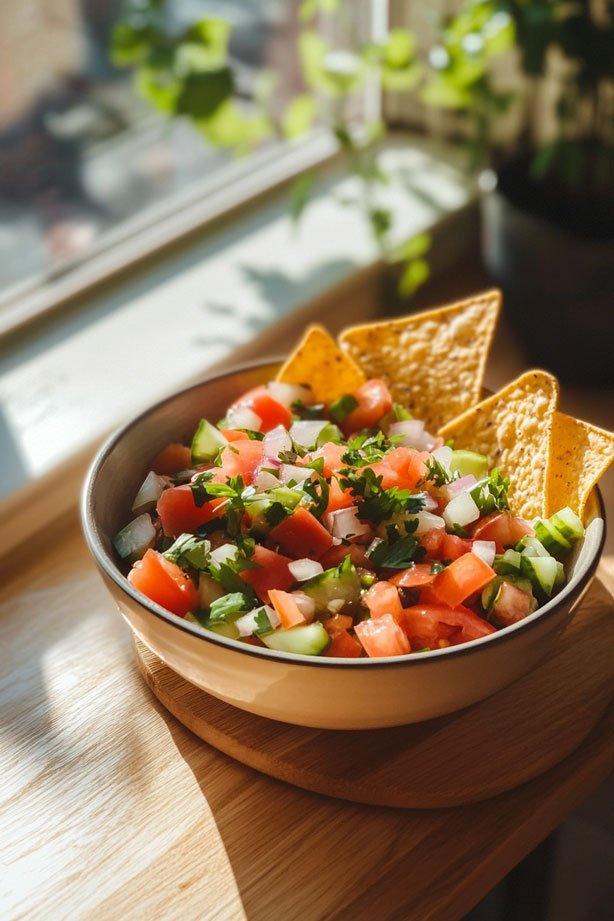 Fresh tomato salsa with tortilla chips.