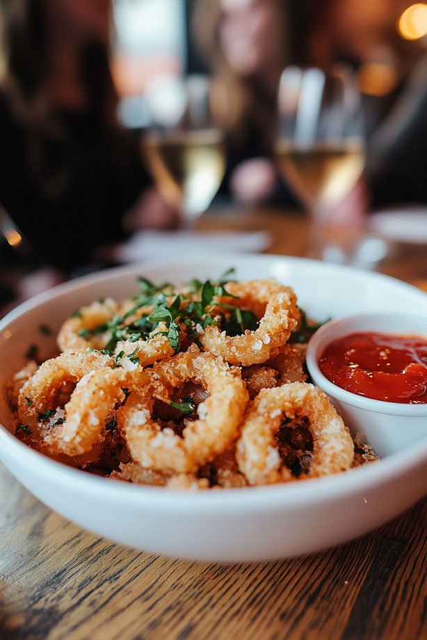 Crispy calamari with marinara dip.