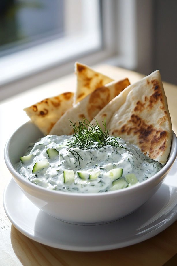 Tzatziki with cucumber and dill.