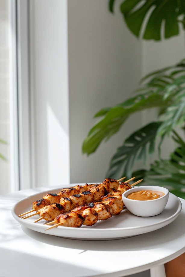 Grilled chicken skewers with peanut sauce.