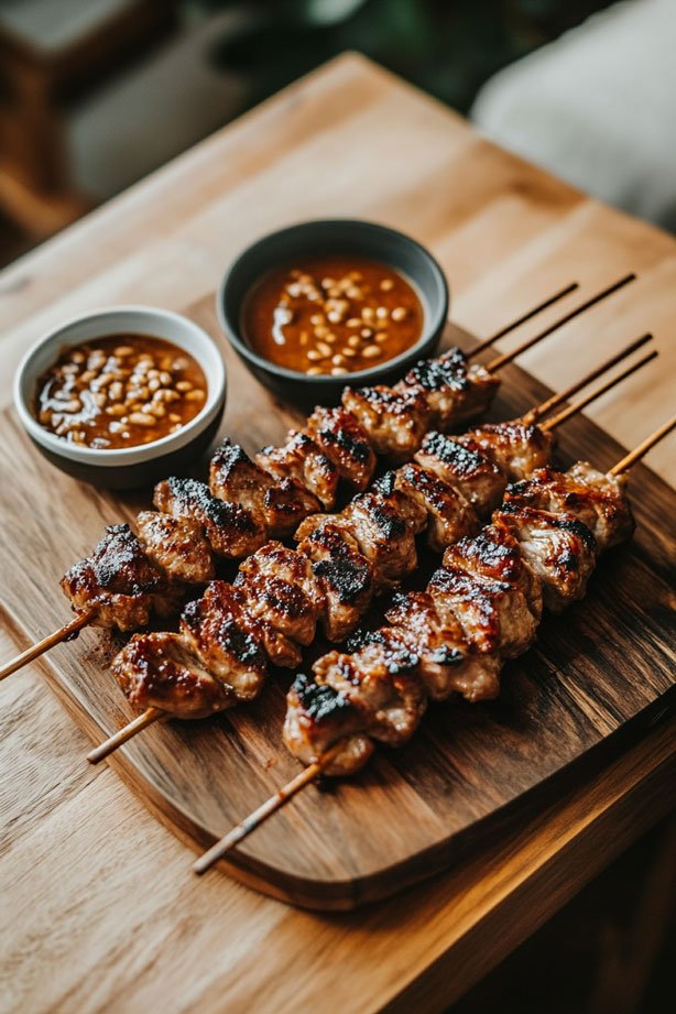 Chicken or beef skewers with peanut sauce.