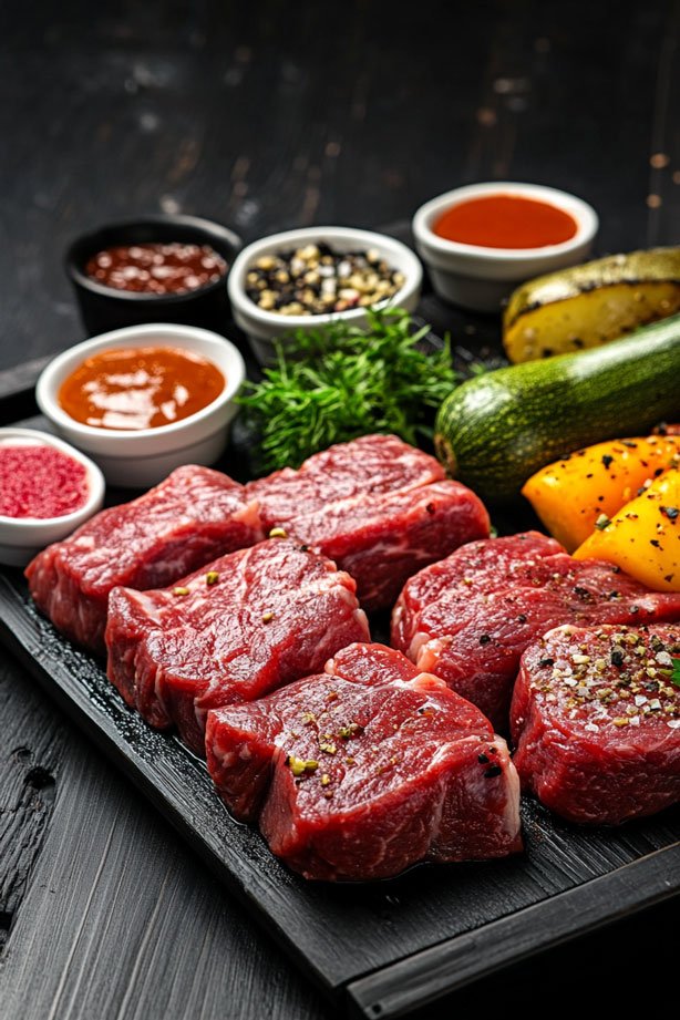 Raw marinated beef and vegetables ready for grilling