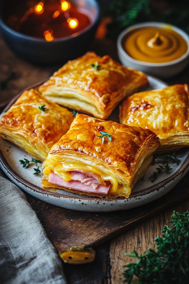 Puff pastry filled with ham and cheese.