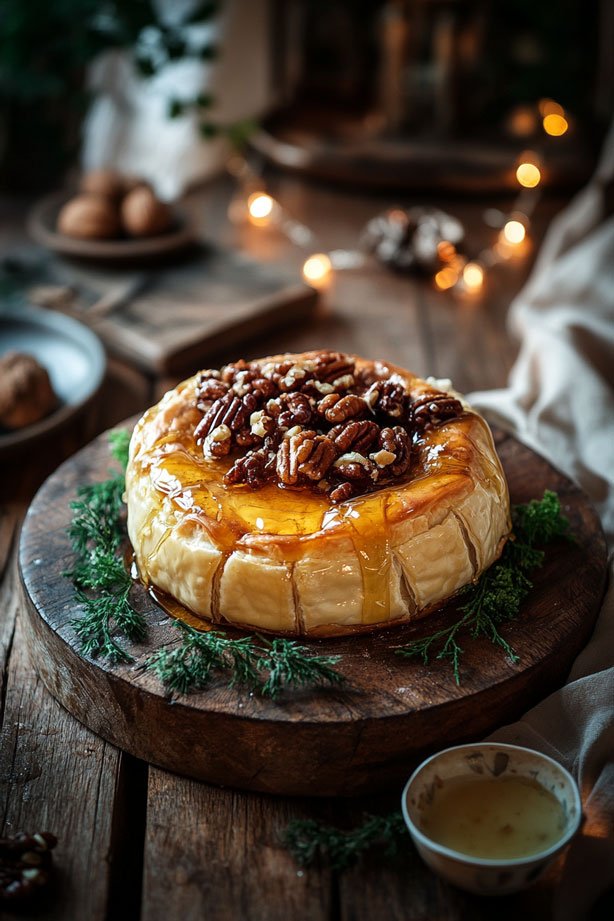 Baked brie with honey and walnuts.