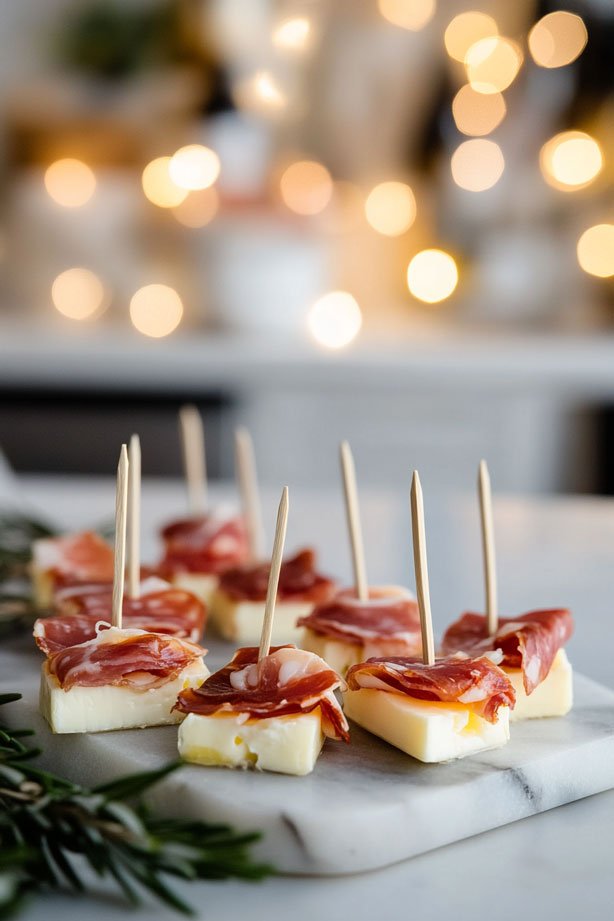 Brie and Jamón bites with toothpicks