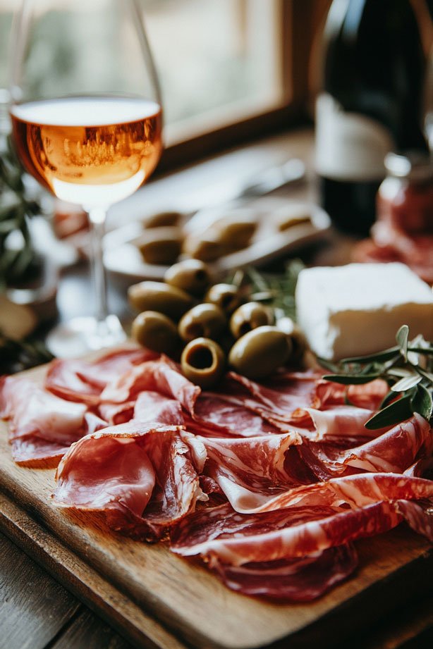 Jamón Ibérico slices on wooden board