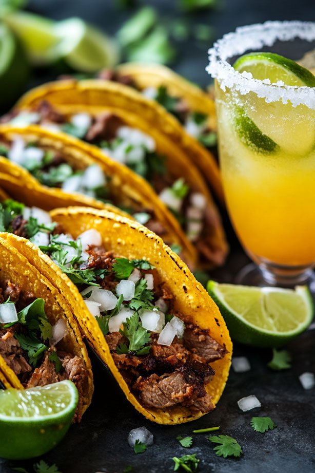 Colorful street tacos with margarita and Mexican decor