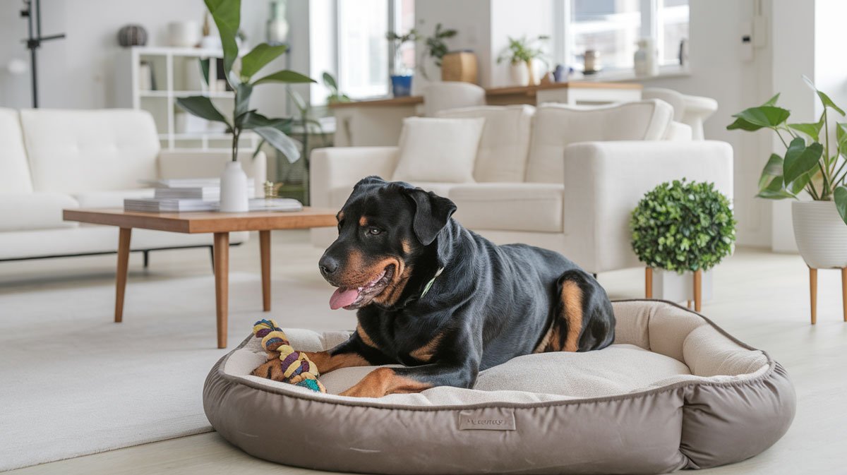 Playful Rottweiler with toy in apartment living room