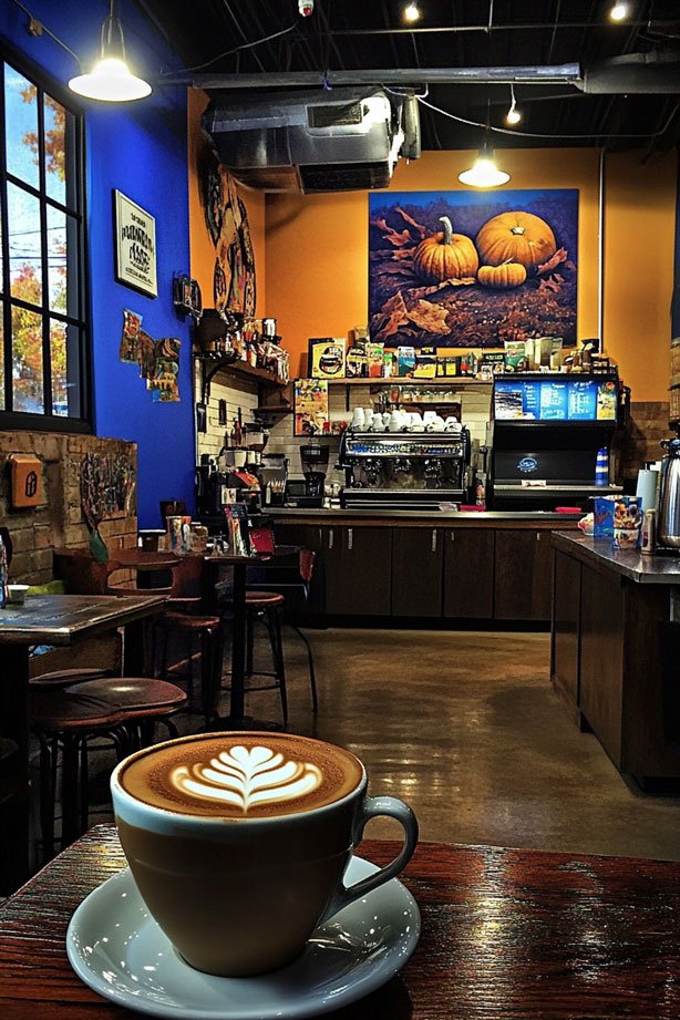 Pumpkin latte in cozy coffee shop.