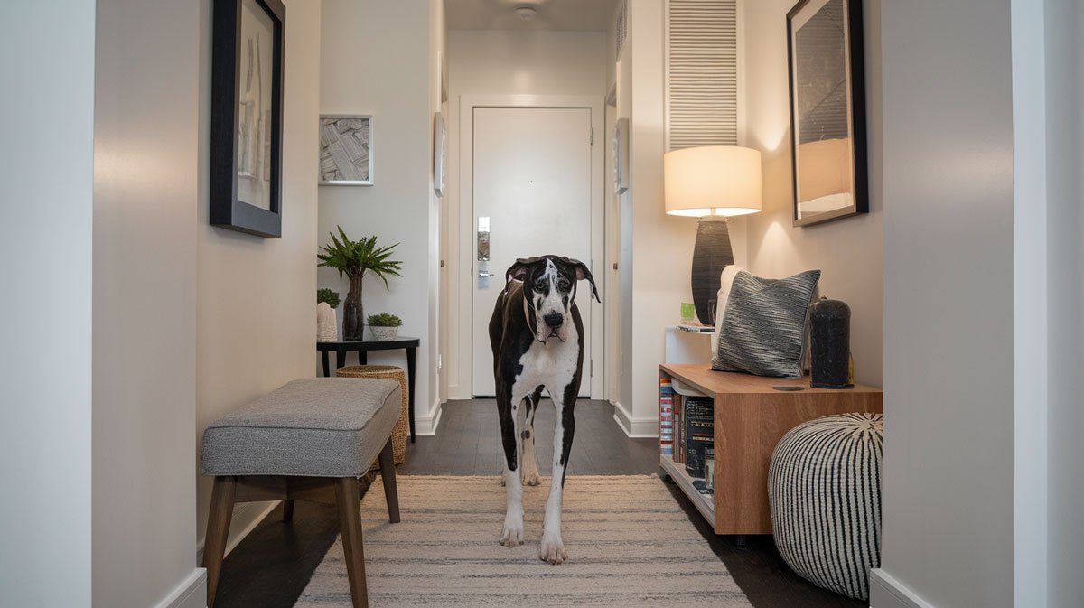 Great Dane in narrow apartment hallway