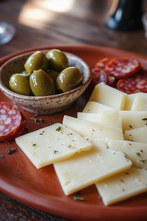 Manchego, chorizo, olives on terracotta plate