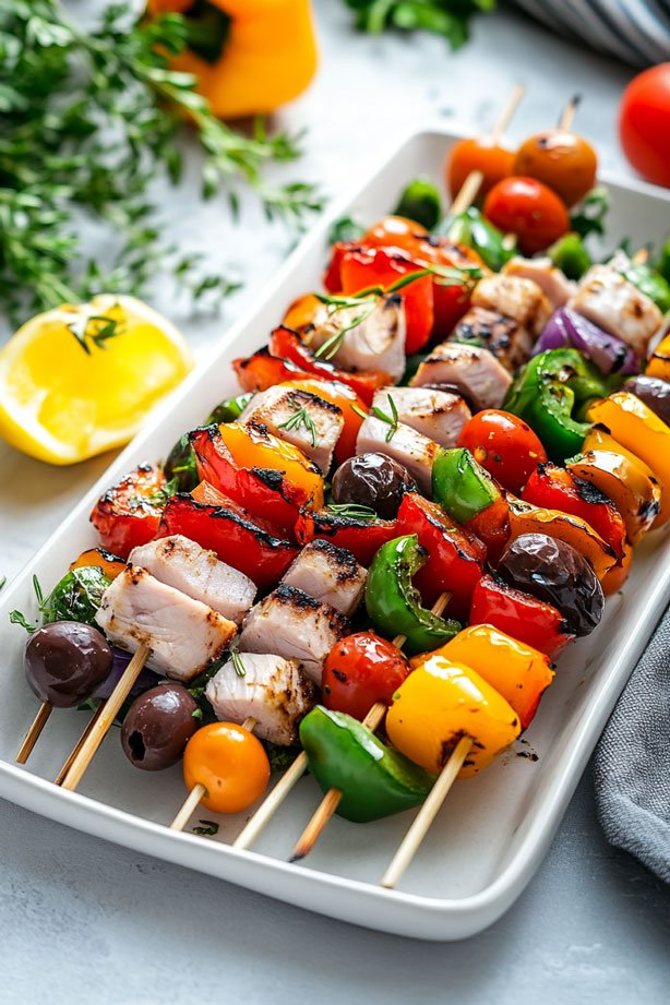 Skewers with olives, peppers, and turkey.