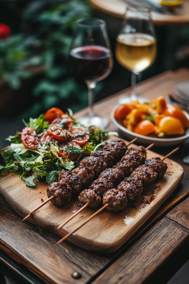 Kofta kebabs with salad.