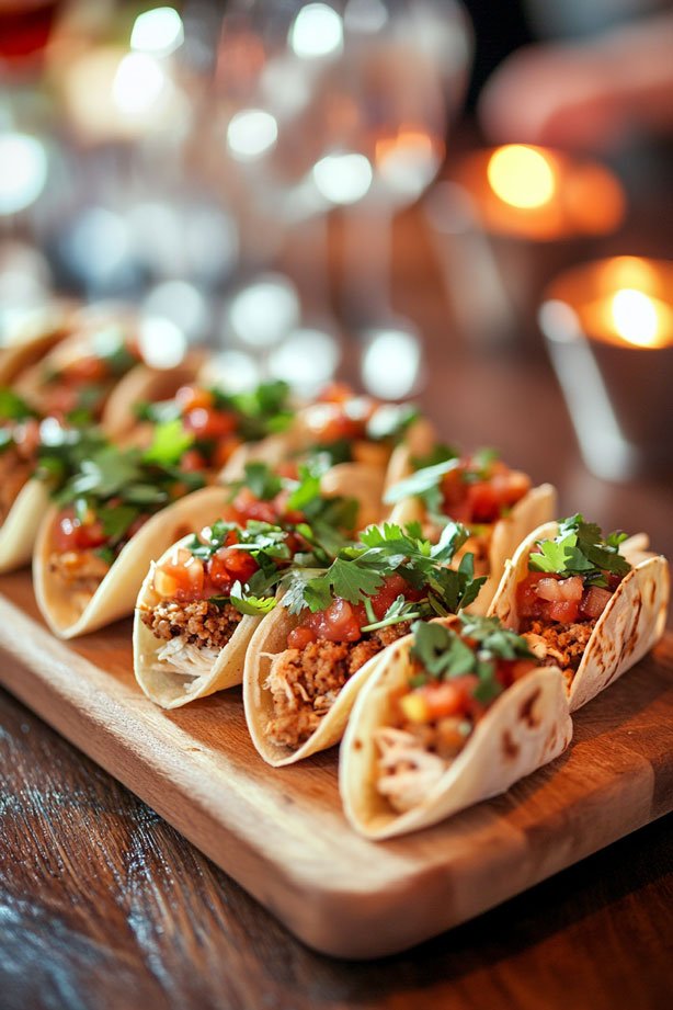 Mini tacos with beef and chicken.