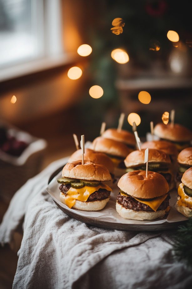 Mini cheeseburger sliders with pickles.