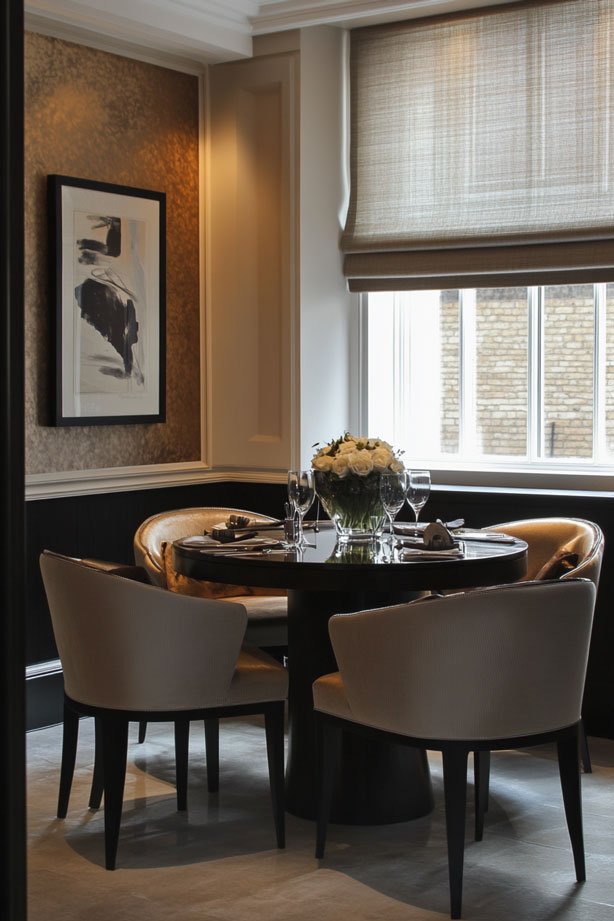 Modern traditional dining table with elegant decor.